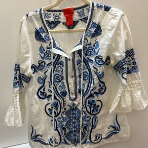 V Cristina Blue and White Long Sleeve Flowy Shirt